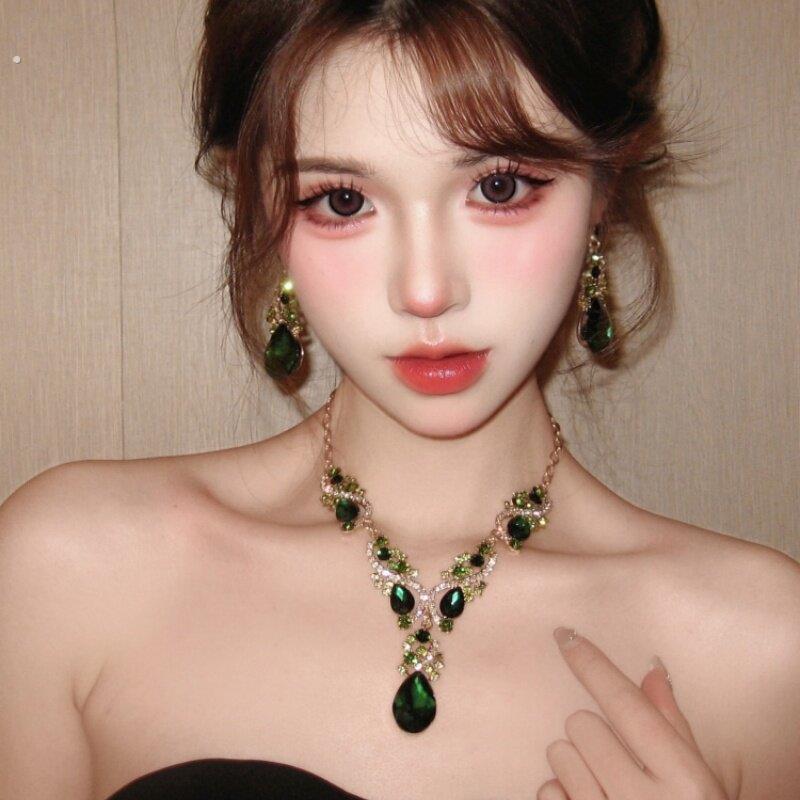 贵气镶钻绿色宝石项炼耳环套组女轻奢高级感晚礼服配饰耳饰锁骨炼