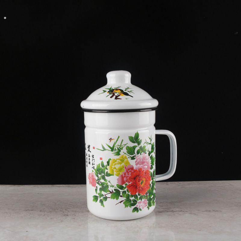 加厚新款搪瓷缸子老式珐琅带盖水杯茶杯马克杯家用泡茶大容量杯子