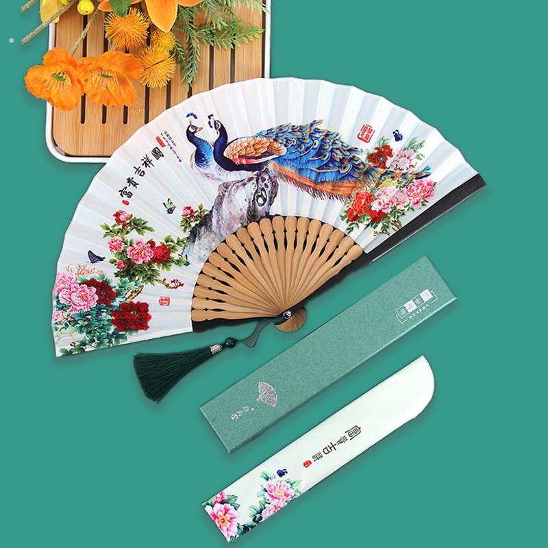 富贵吉祥图中国风折扇古典旗袍扇子女古风便携小巧孔雀折叠扇夏季