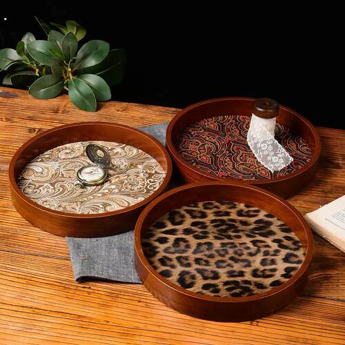 高档复古圆形托盘家用玄关钥匙首饰收纳盘茶杯茶具托盘新中式家用