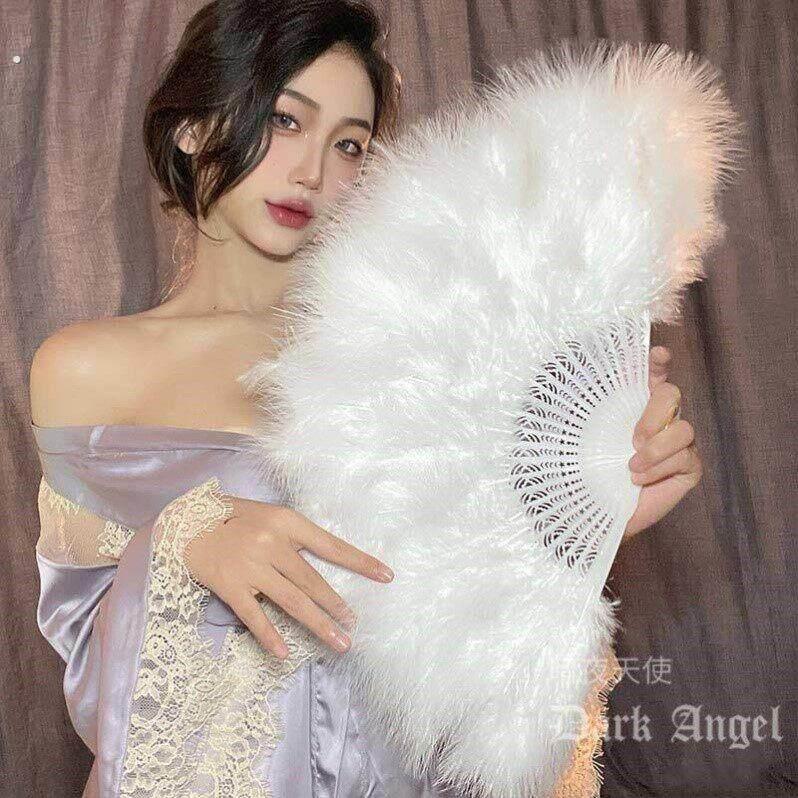 白色羽毛扇子全绒加厚旗袍走秀折扇羽帝精品夜上海古风舞蹈折扇女