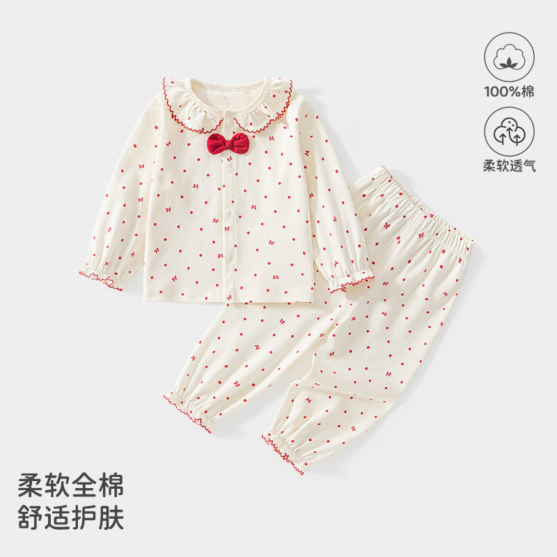 婴幼儿春秋女宝纯棉套装点点蝴蝶结亲肤柔软衣服家居外出服两件套