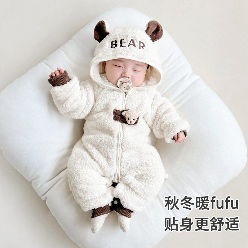 婴儿冬季加绒保暖连帽连体衣爬服