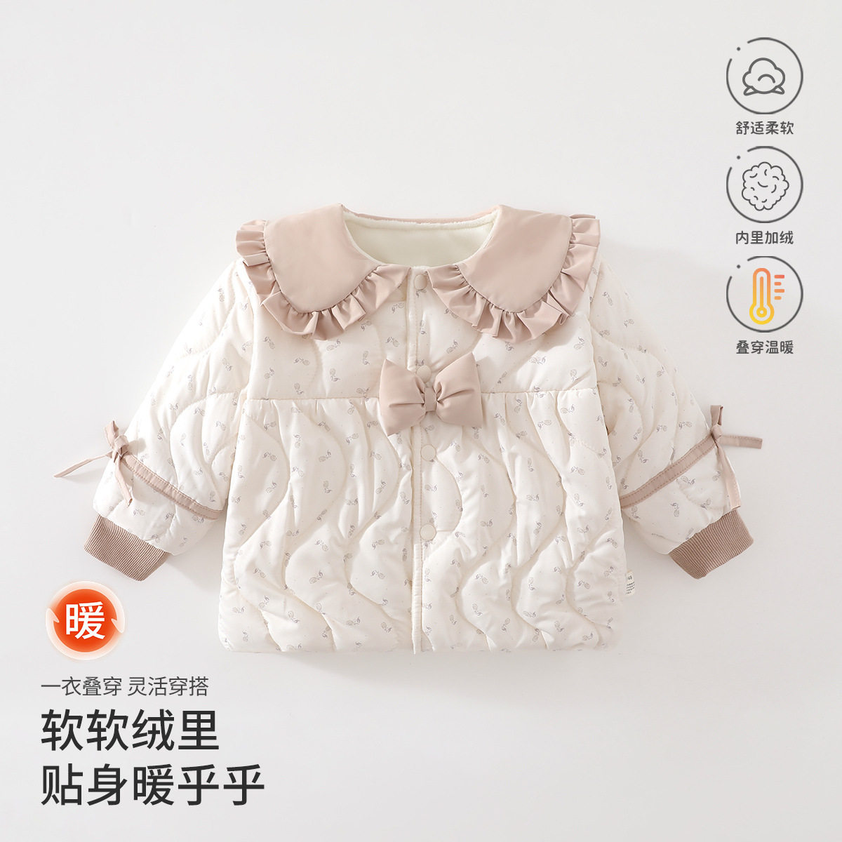 秋冬女童加厚保暖圆领单排扣棉服