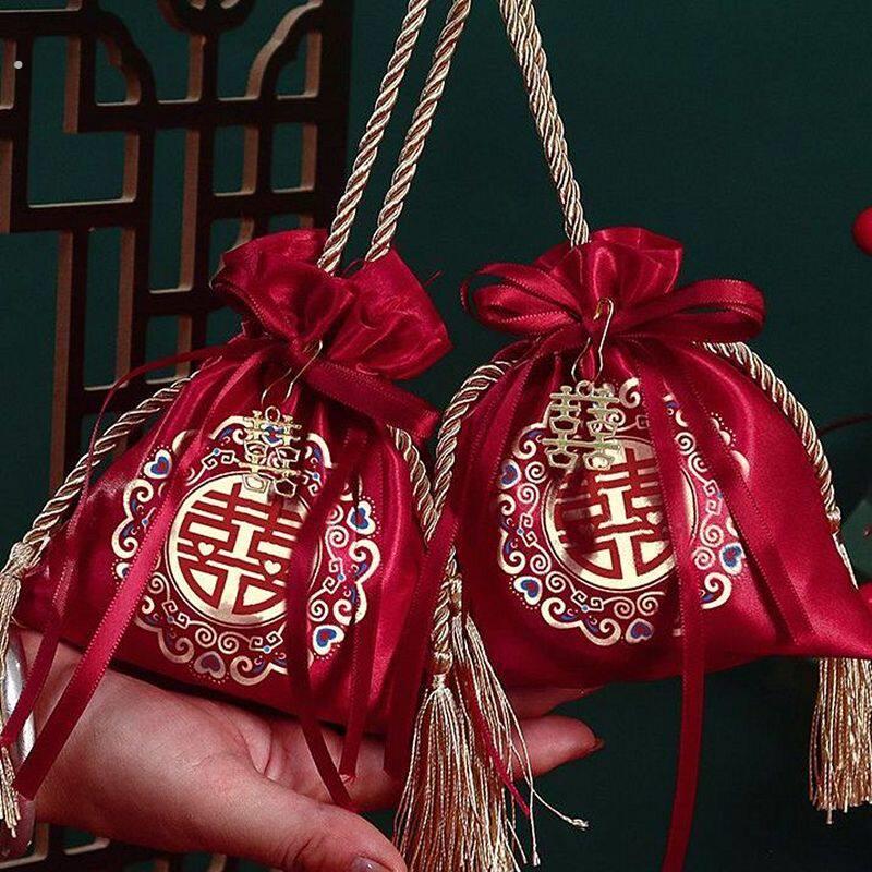 结婚喜糖袋子婚礼新款高级礼袋喜袋糖果专用喜字抽绳布袋婚庆瓜子
