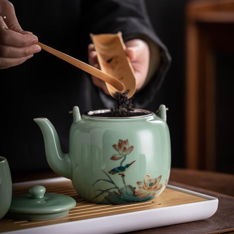 青瓷茶具套装提梁壶中式家用整套陶瓷大号茶壶简约现代喝茶杯茶盘
