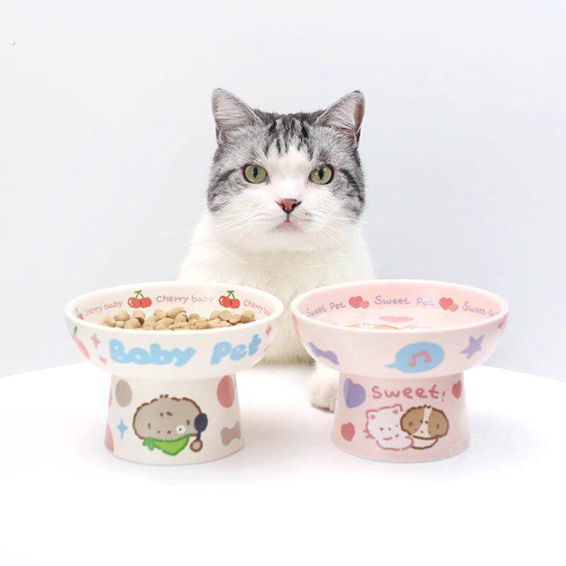 年糕童趣碗陶瓷猫碗平口碗猫咪狗狗高脚护颈椎吃饭用品饭盆饭碗