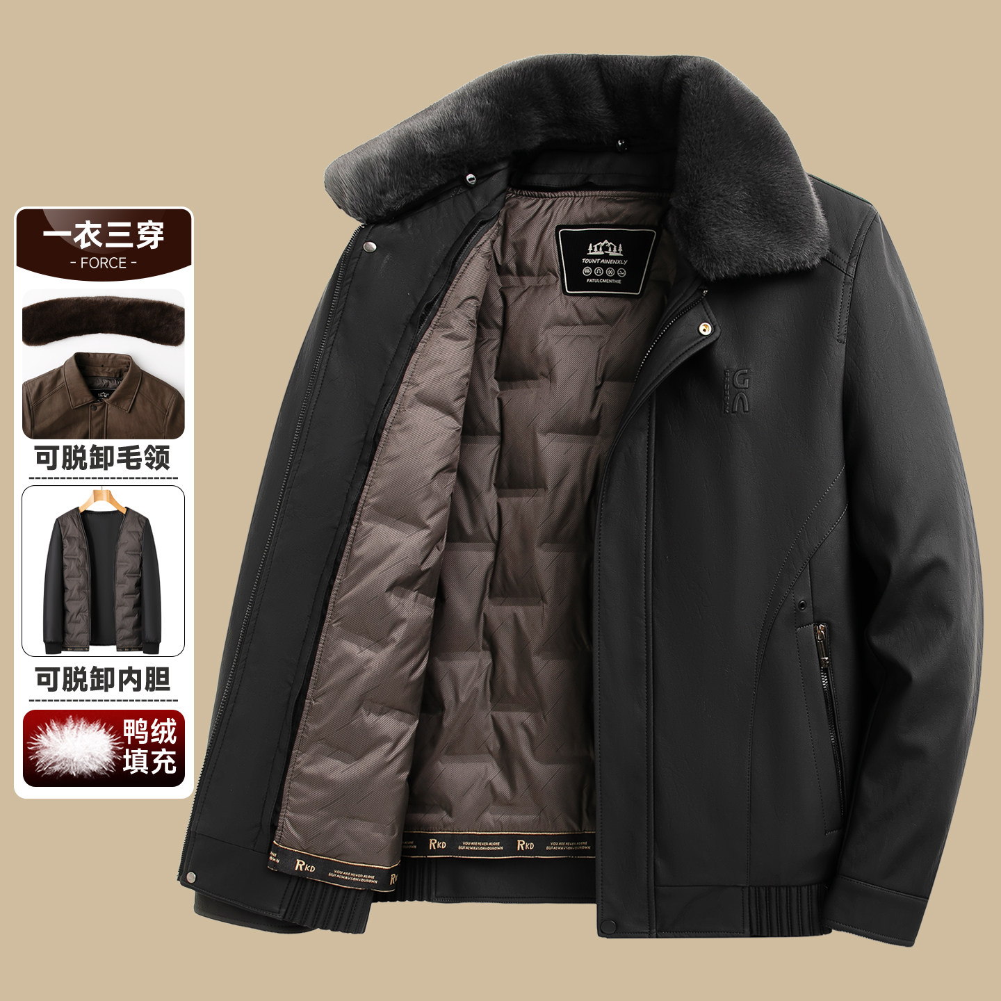 中年男士皮衣夹克加厚短款毛领内胆可拆中老年爸爸冬装羽绒服外套