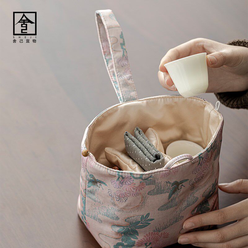 松鹤粉庭旅行茶具收纳包缎面手腕布袋手工便携布包功夫手提茶袋