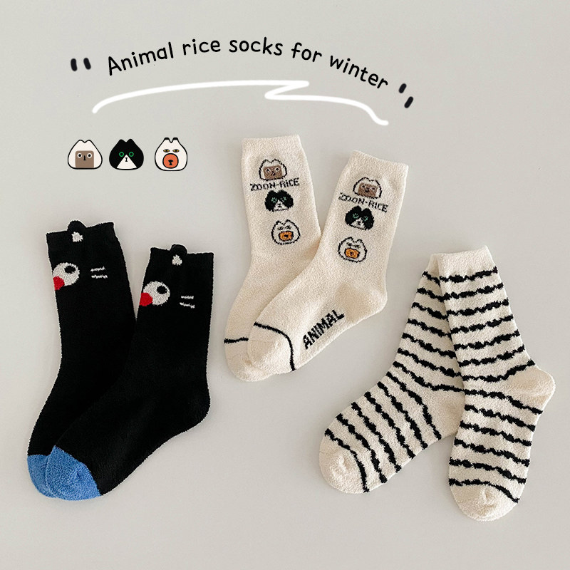 儿童袜子冬季加厚加绒中筒袜男童女童秋冬款珊瑚绒袜子宝宝卡通袜