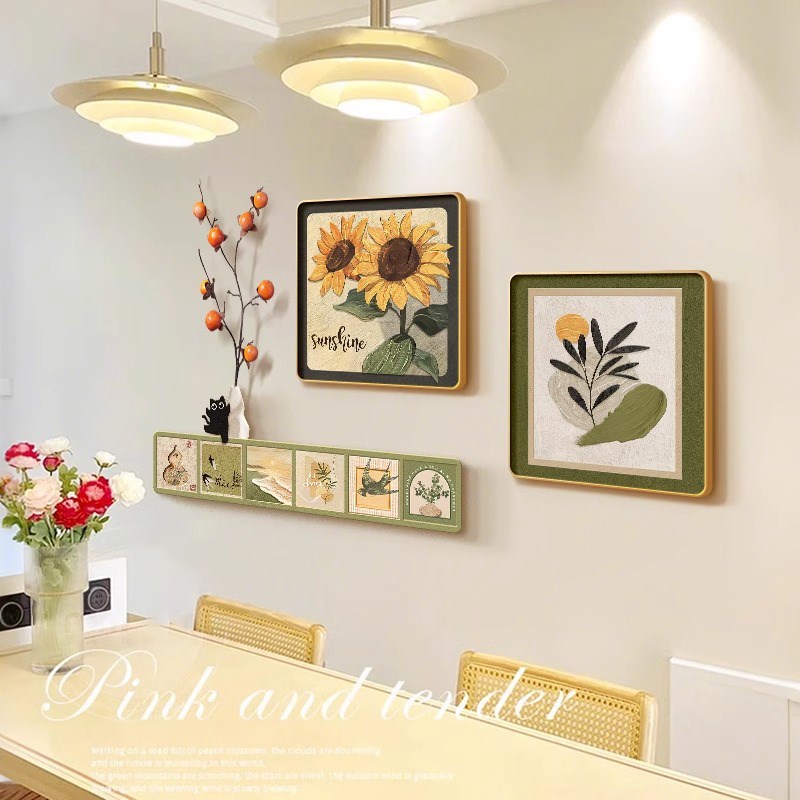 向日葵原木风餐厅挂画高级感客厅组合壁画奶油风餐桌背景墙装饰画