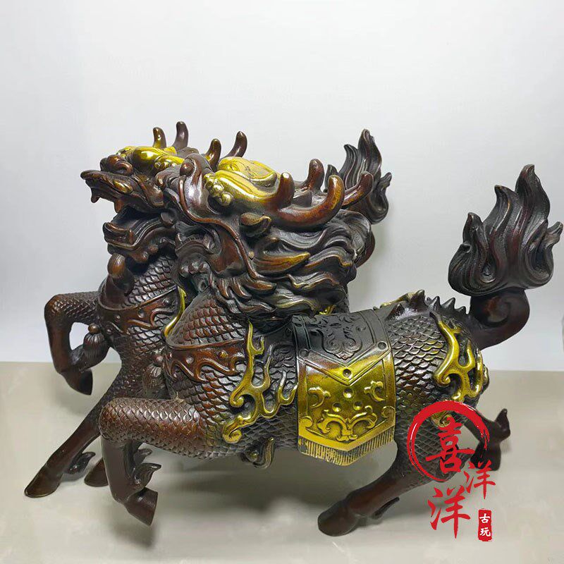 纯铜黄铜纯手工雕刻鎏金大火麒麟一对摆件家用办公书桌复古老物件