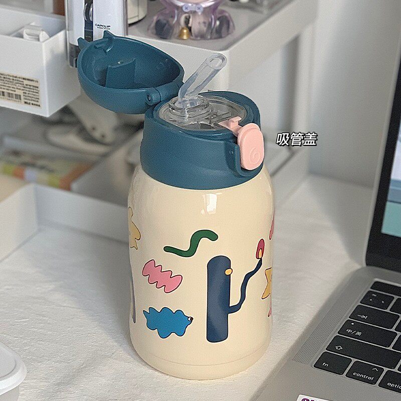 米帝蒙儿童保温杯带吸管水杯小学生女高颜值宝宝水壶上学专用mxj