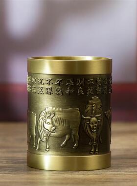 小铜记黄铜五牛收纳桶笔筒香道茶具学习文具办公室桌面工艺品摆件