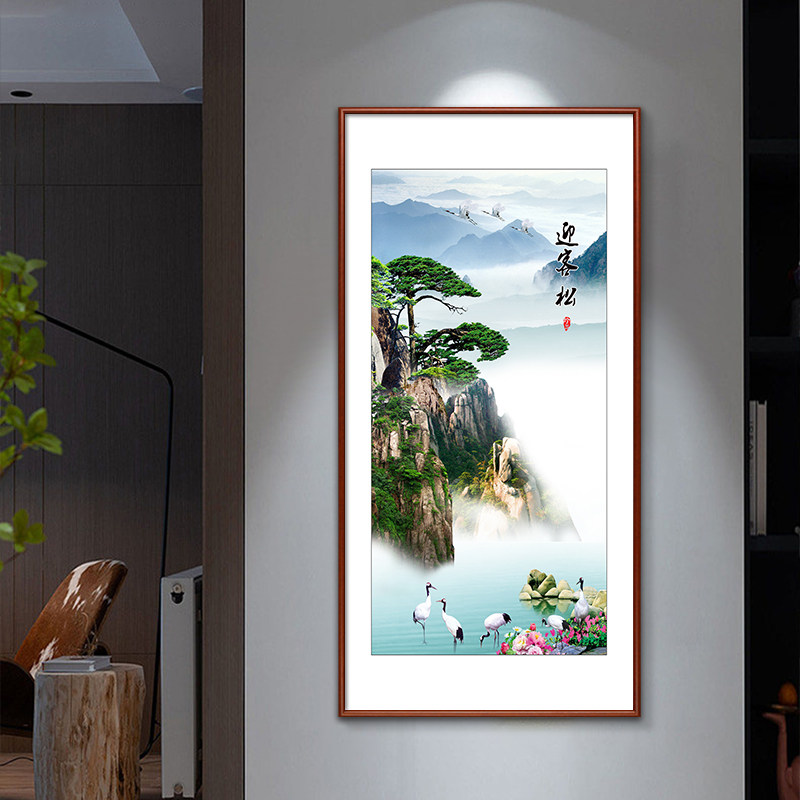 黄山迎客松挂画玄关画新中式客厅装饰画办公室山水画书房茶室壁画