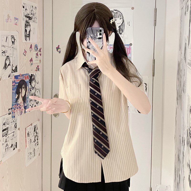 【刺篇】jk制服卡其色条纹宽松短袖衬衫休闲衬衣防晒上衣女夏季