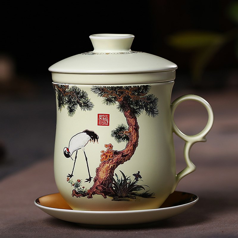 景德镇陶瓷茶杯带盖过滤水杯陶瓷泡茶杯茶具办公会议个人杯四件套