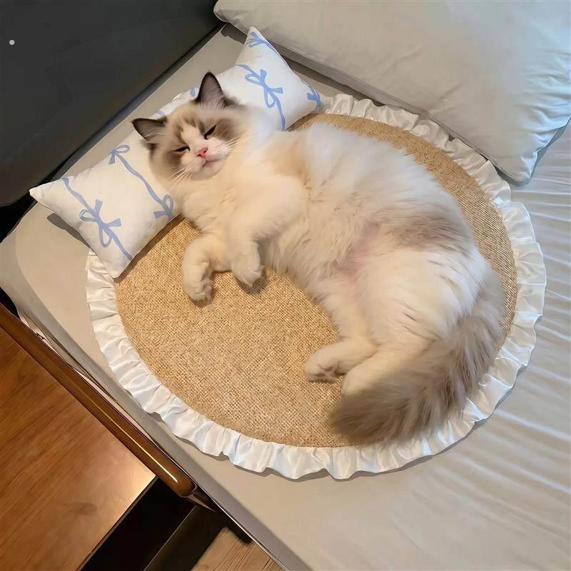 宠物凉席垫猫咪夏季降温凉垫亚麻仿藤席带靠枕猫狗宠物冰垫凉席窝