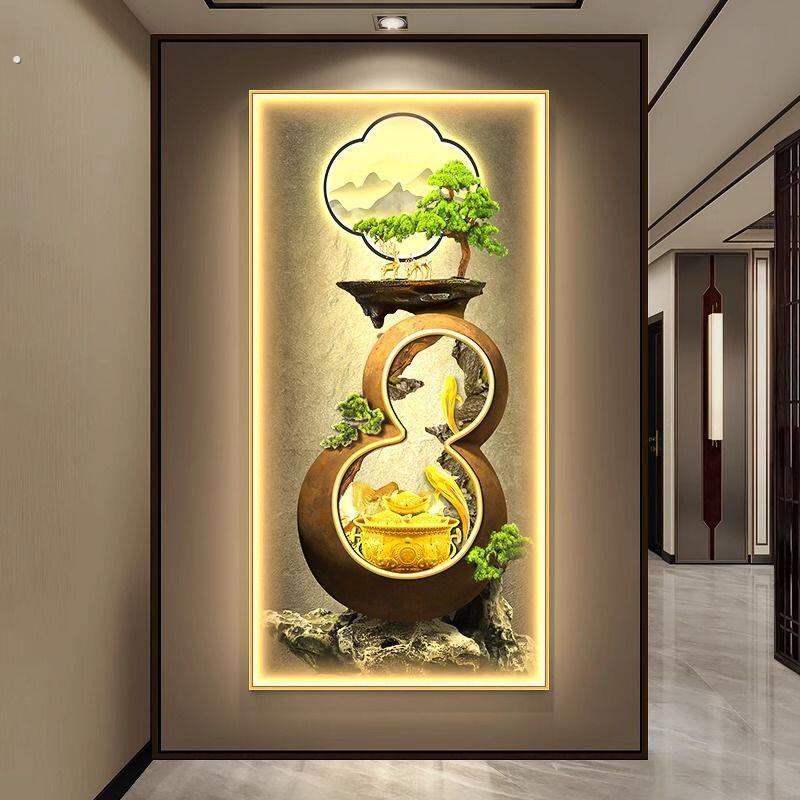 轻奢聚宝盆玄关装饰画新中式葫芦客厅走廊挂画迎客松入户带灯壁画