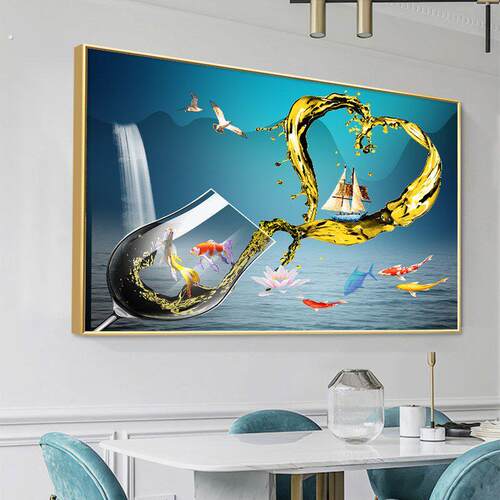新餐厅横幅酒杯装饰画简约现代轻奢高挡饭厅横版挂画餐桌墙上壁画