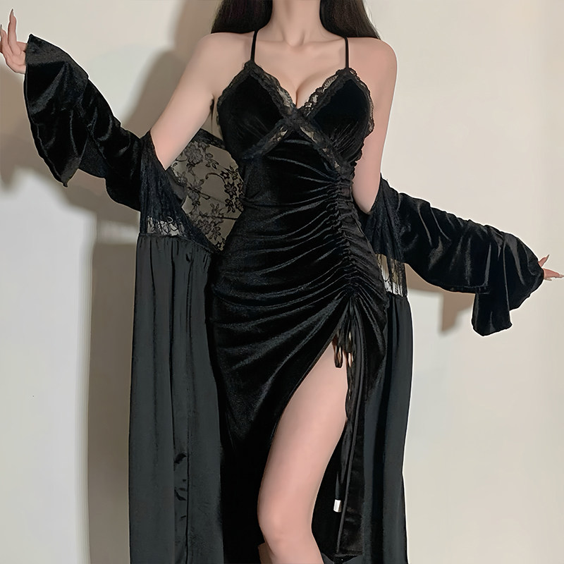 性感睡衣女金丝绒吊带睡裙睡袍两件套美背开叉黑色带胸垫家居服