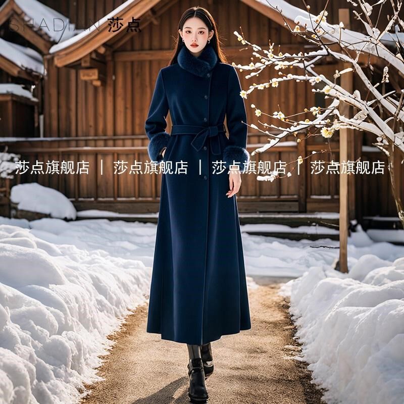 冬季新款富家千金呢子大衣高级感绝美蓝色气质中长款毛呢外套女
