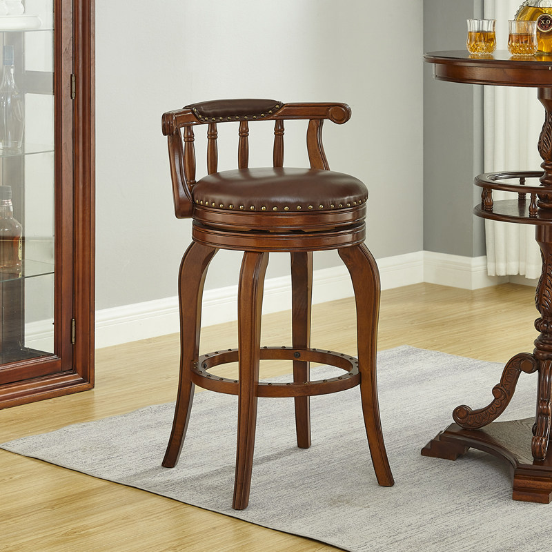 吧台椅美式乡村实木吧椅可旋转高脚椅休闲皮艺酒吧椅靠背胡桃色漆