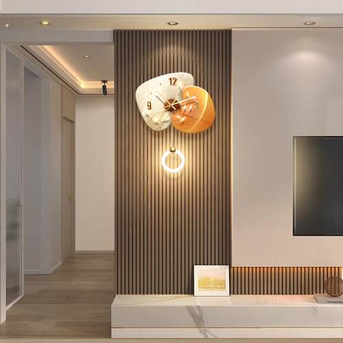轻奢客厅带钟表装饰画电视背景墙装饰时钟挂墙壁灯高级感餐厅挂钟