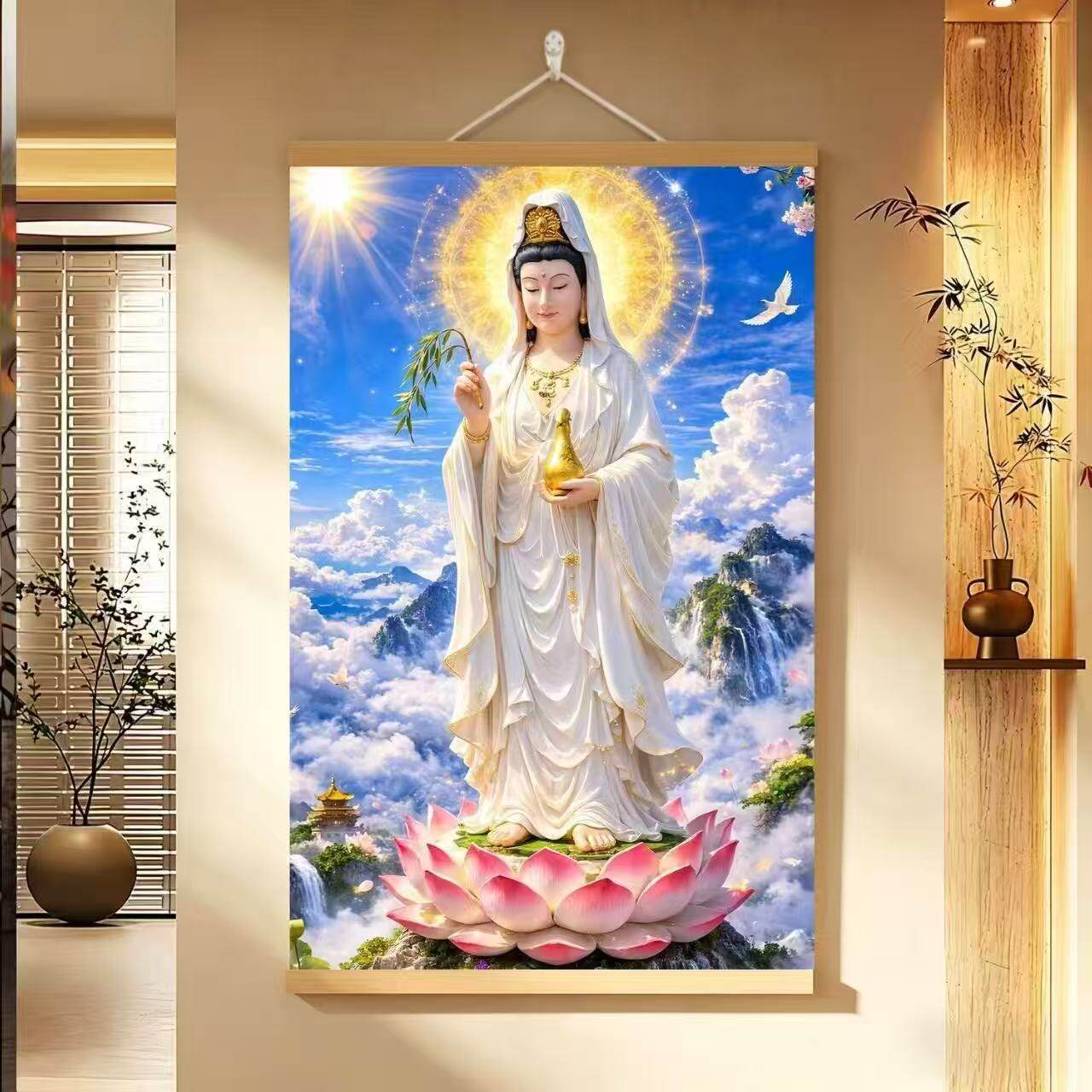 观音画像保平安佛堂供奉挂画观世音菩萨佛像客厅玄关装饰画卷轴画