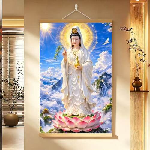 观音画像保平安佛堂供奉挂画观世音菩萨佛像客厅玄关装饰画卷轴画