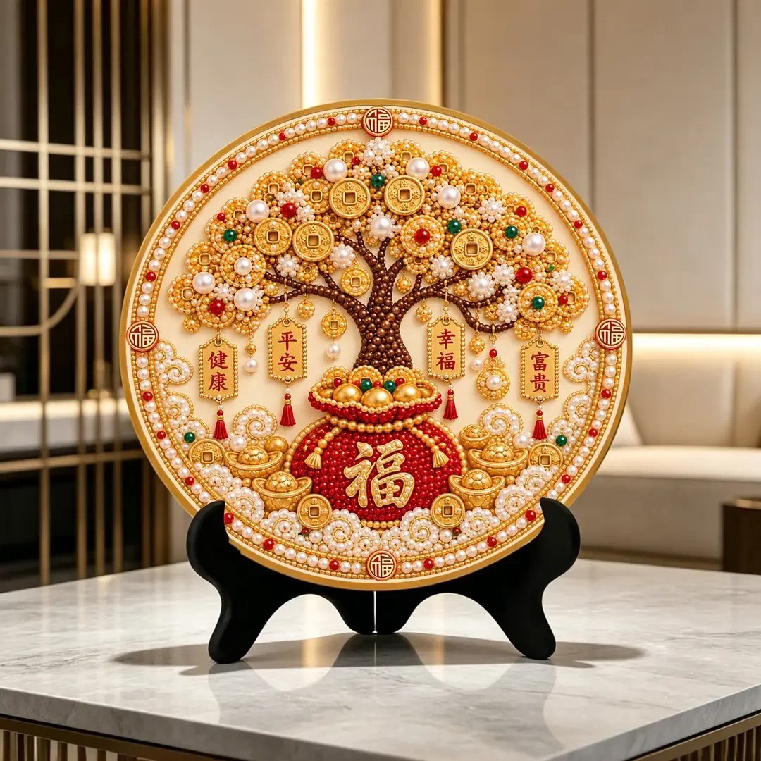 摇钱树福字圆盘摆件平安富贵发财树挂件客厅玄关电视柜装饰摆盘