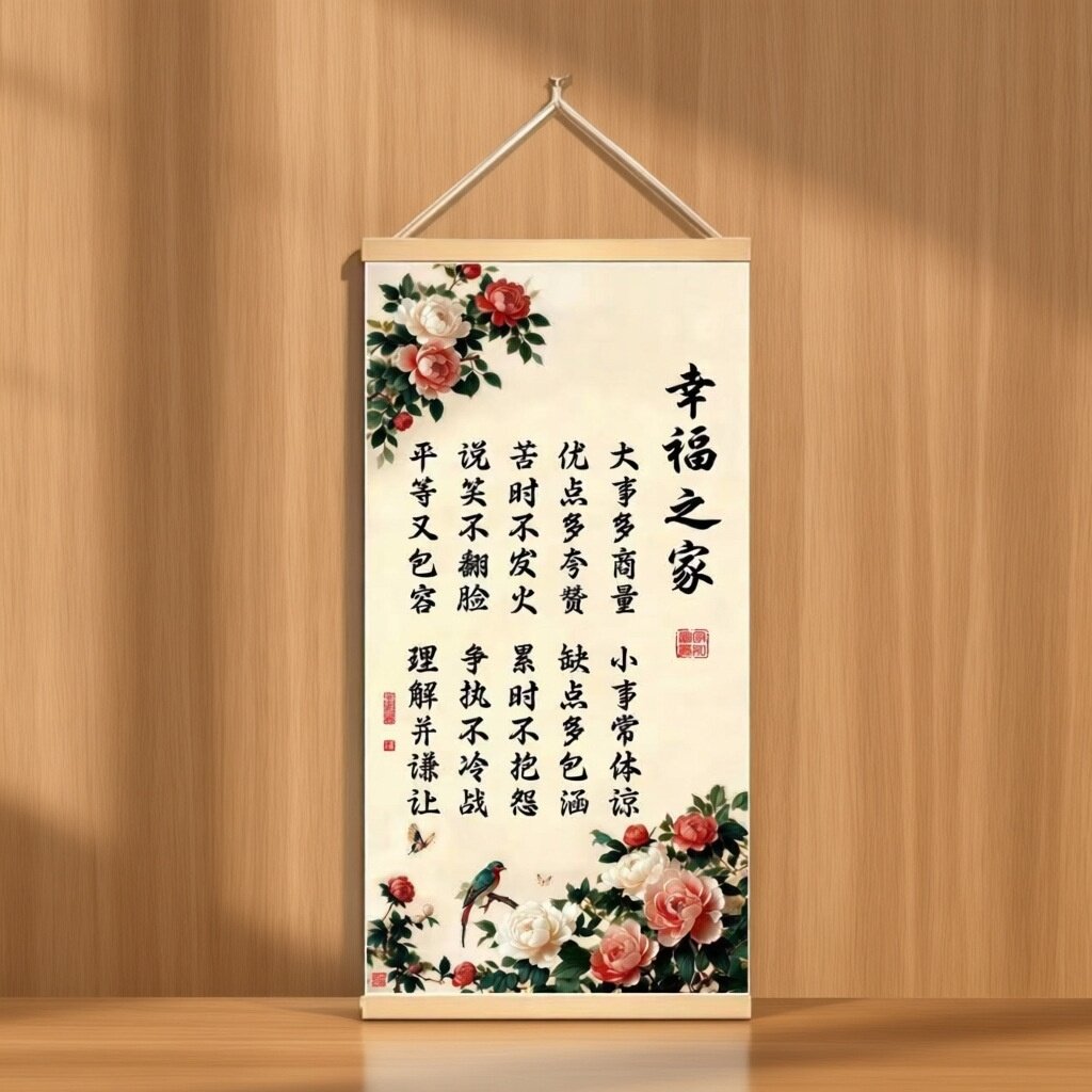 幸福之家美满新中式挂画客厅玄关背景墙装饰画家训家规书法卷轴图