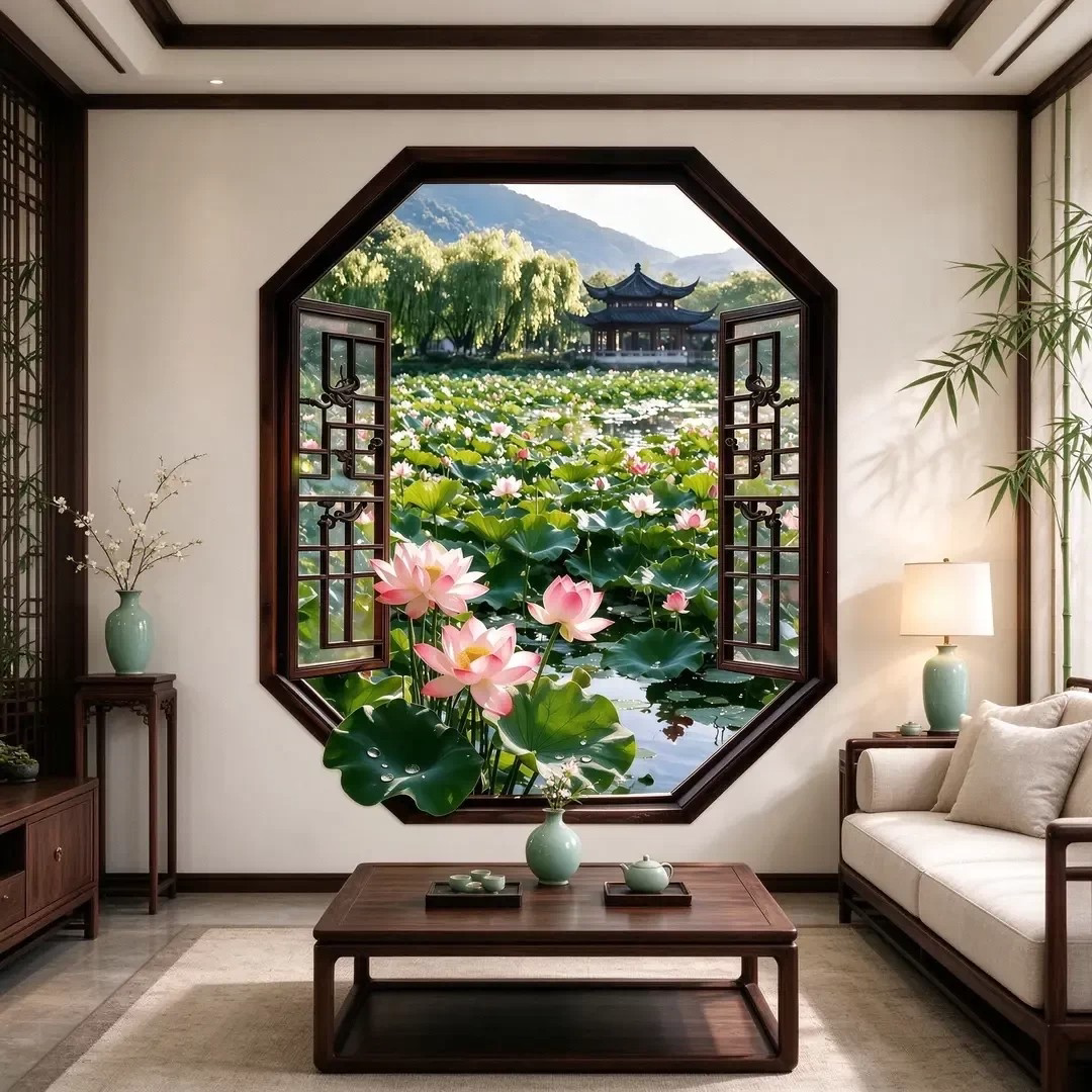 八角窗荷花3D墙贴纸新中式立体风景自粘壁画客厅玄关茶室装饰贴画