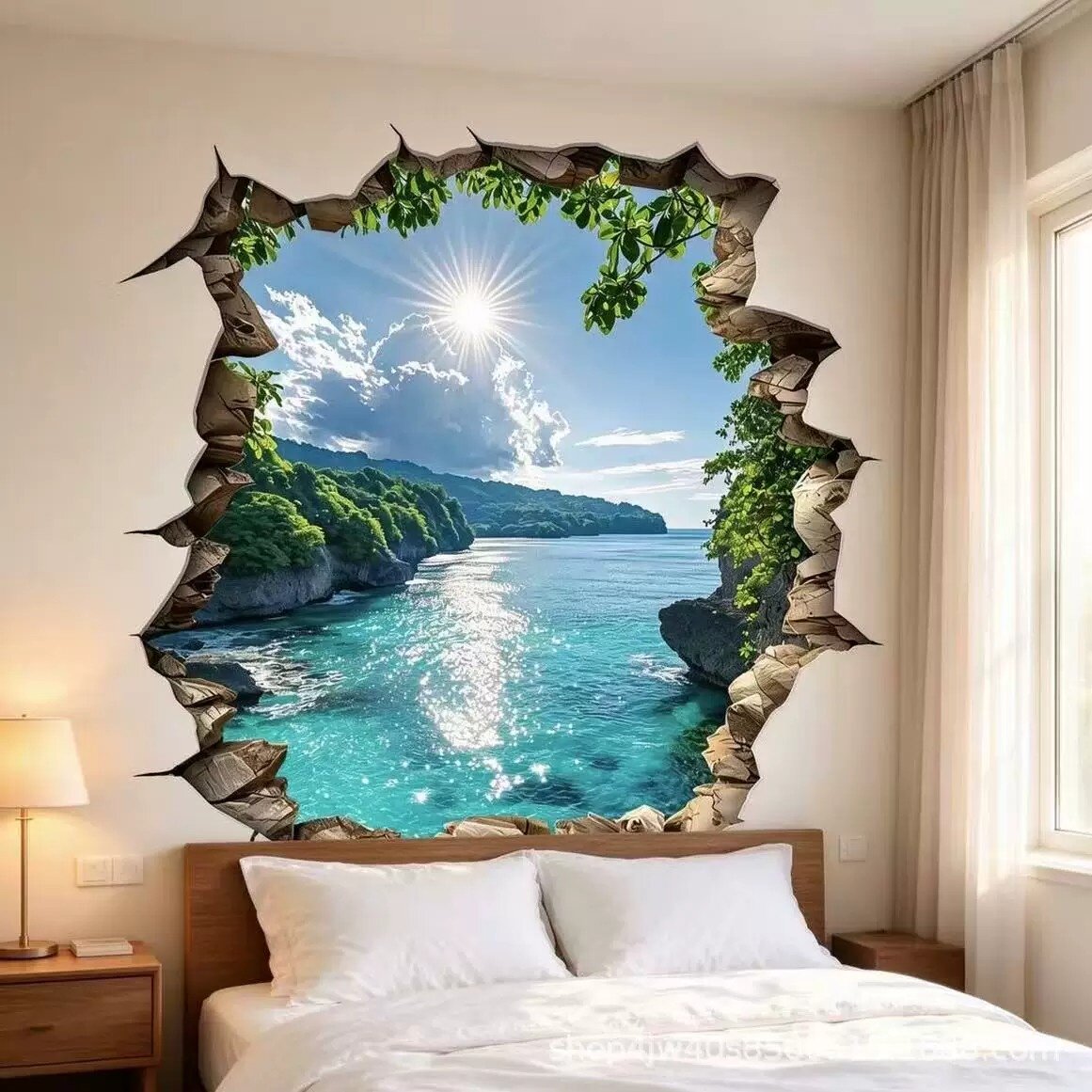 大海风景墙贴自粘画卧室客厅背景墙装饰3D贴纸仿真立体创意海景