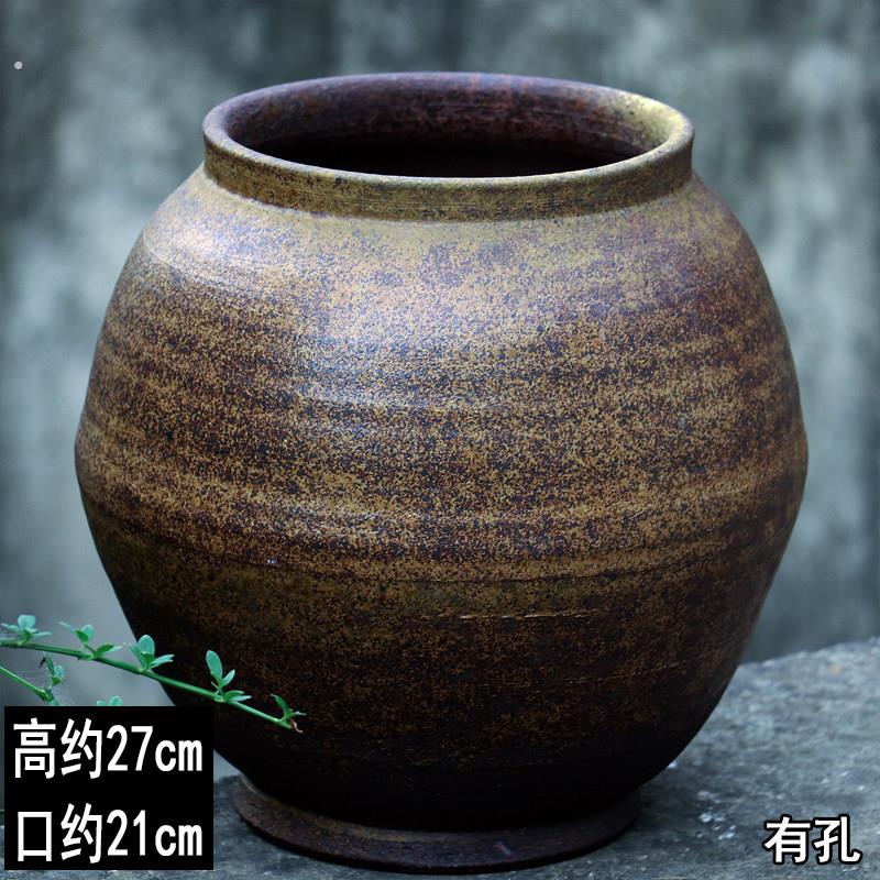 老物件复古透气粗陶罐大号酒店民宿陶盆摆件大口径流泉枫水竹盆高