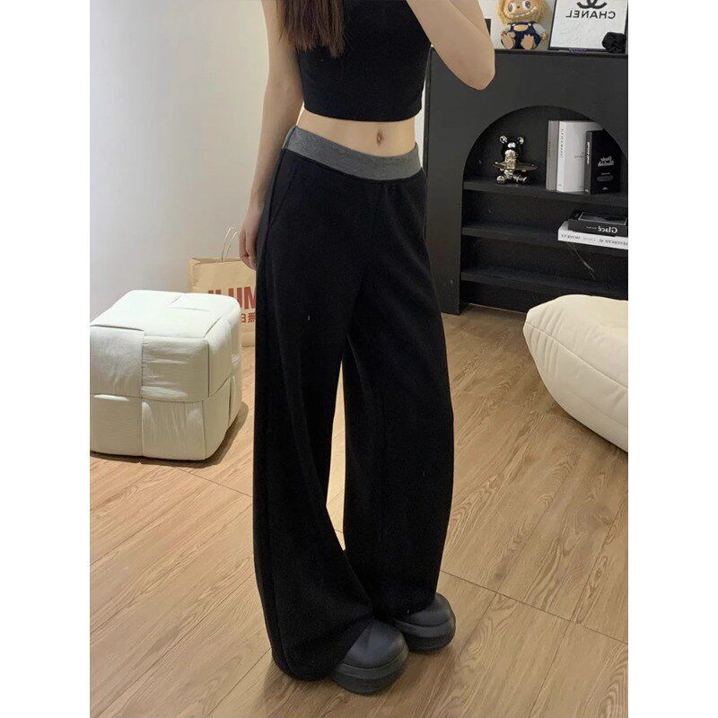 靓丽阁黑色拼接休闲裤女秋冬大码胖妹妹mm宽松显瘦窄版直筒阔腿裤