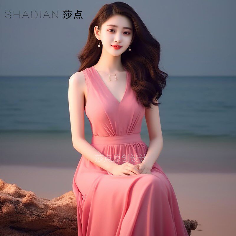 粉色长裙雪纺连衣裙无袖时尚大摆裙收腰显瘦大摆裙海边度假沙滩裙