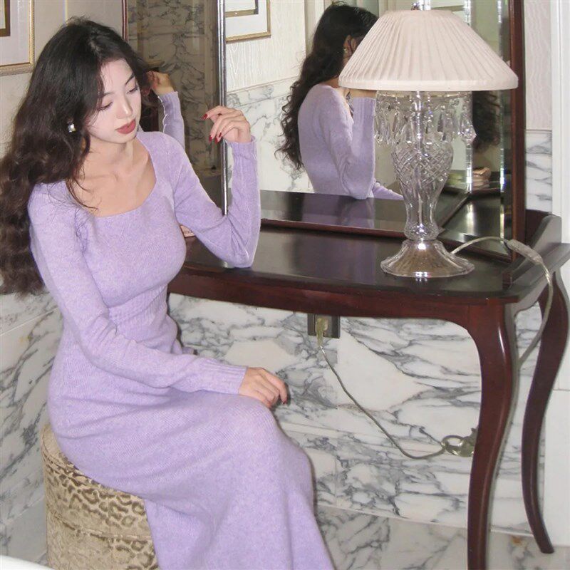 针织毛衣连衣裙女秋冬穿搭内搭打底配大衣紧身修身包臀长裙小个子