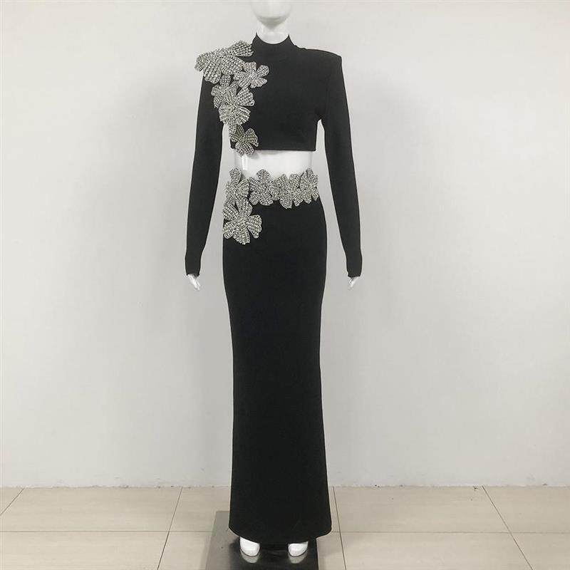 欧美性感镶钻立体花绷带裙套装长袖高领短款上衣长裙礼服两件套女