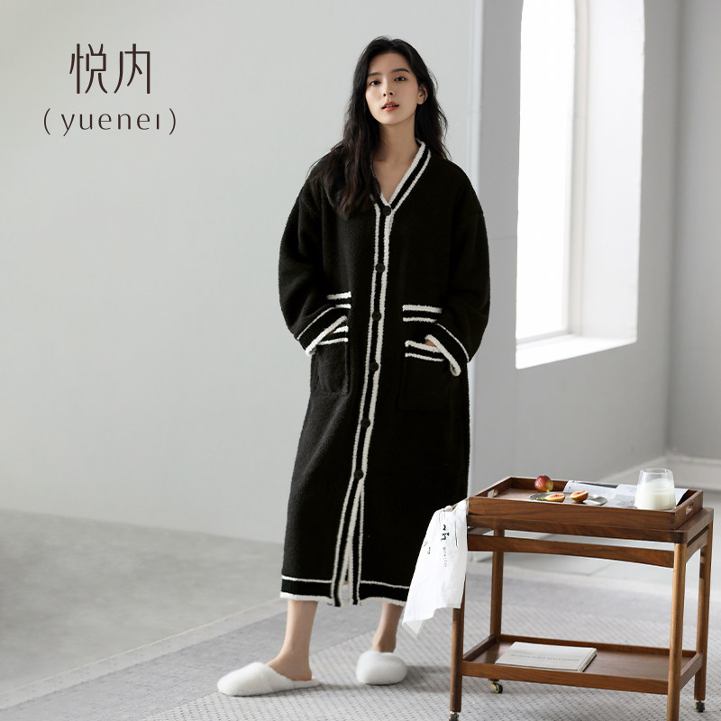 睡裙女士睡衣秋冬季冬款加厚加绒珊瑚绒半边绒睡袍长版高级感黑色