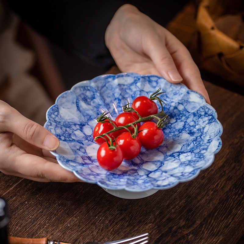 莳绘金缮 景德镇青花高脚水果盘陶瓷糕点茶点干果点心盘家用客厅