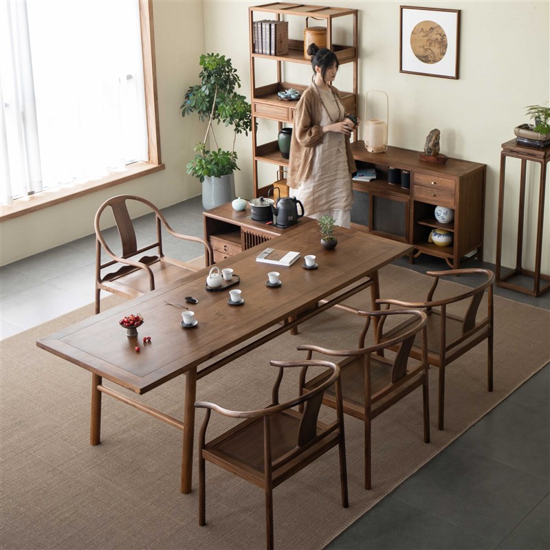 杪轩新中式茶桌组合黑胡桃原木茶台茶几简约禅意长方形实木泡茶桌