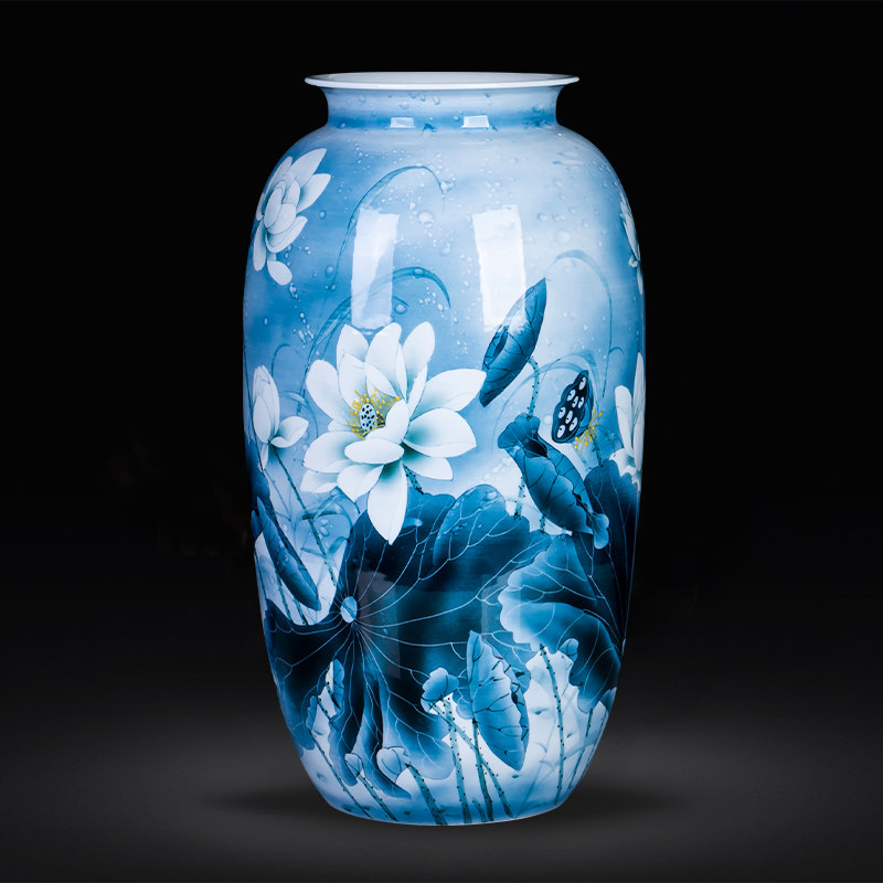 景德镇陶瓷器青花瓷手绘大号荷花花瓶中式家居客厅展馆装饰品摆件