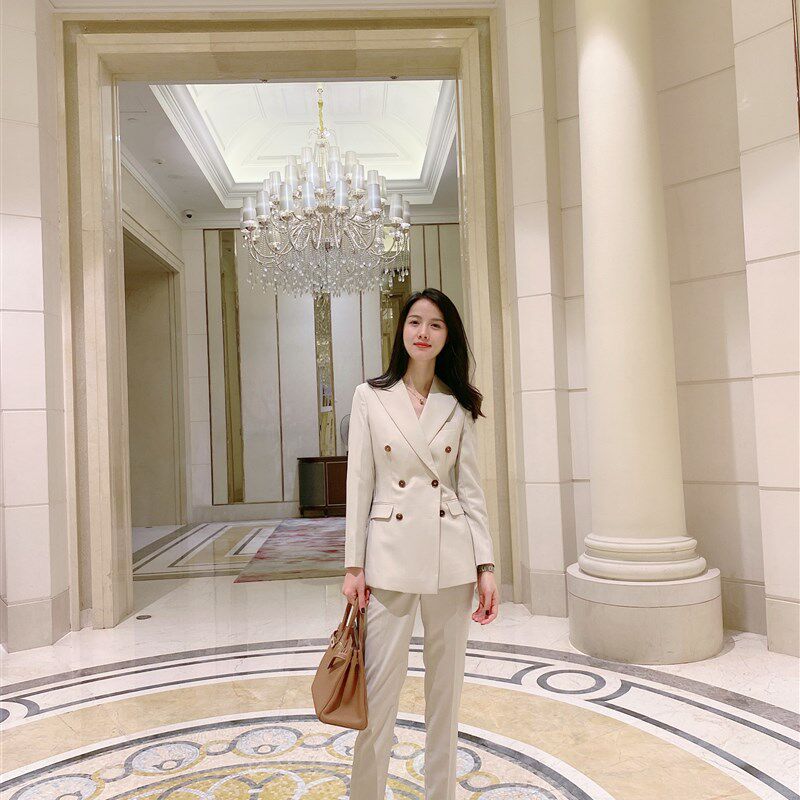 新款米色双排扣修身西装套装女主持工作服