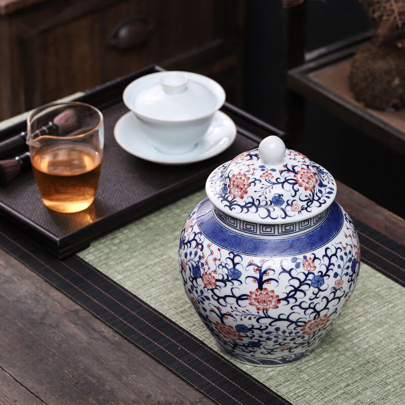 复古青花釉里红陶瓷将军茶叶罐红茶密封罐凤凰单丛茉莉花茶储存罐
