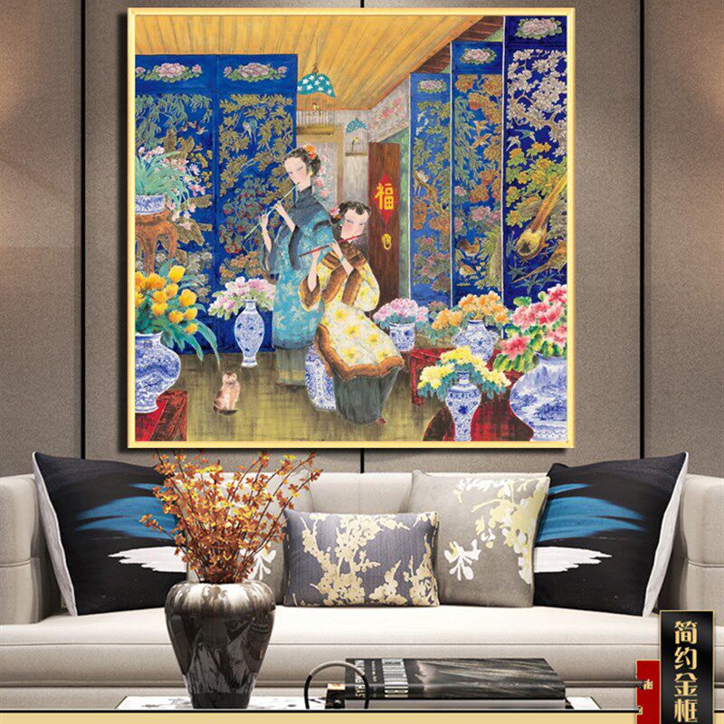 新中式仕女图人物高清喷绘装饰画玄关沙发壁画餐厅酒店挂画墙画