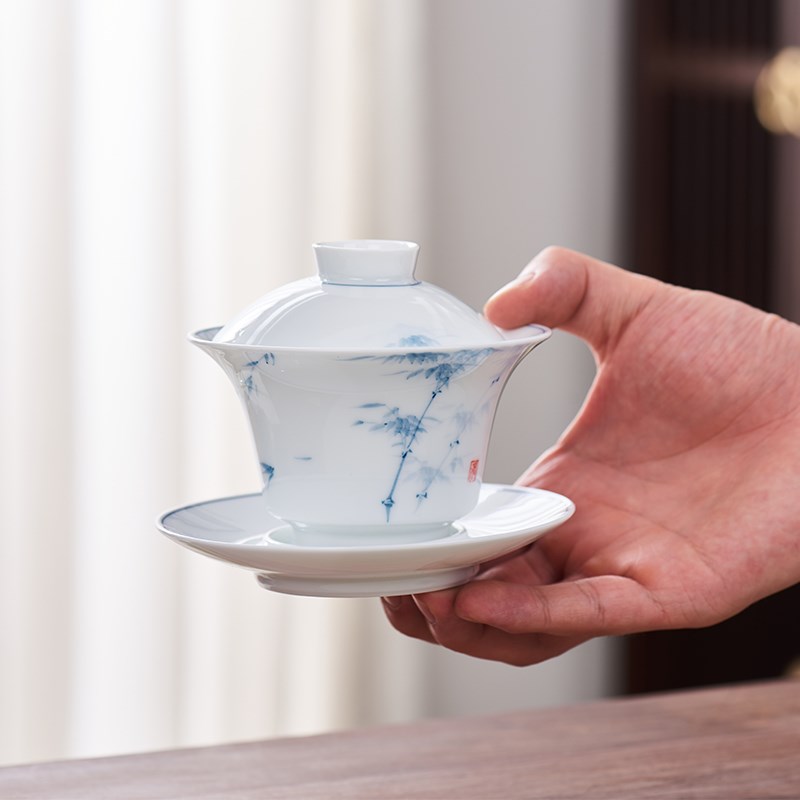 陶瓷三才盖碗手绘蓝竹泡茶盖碗功夫茶具套装茶碗单个泡茶碗家用