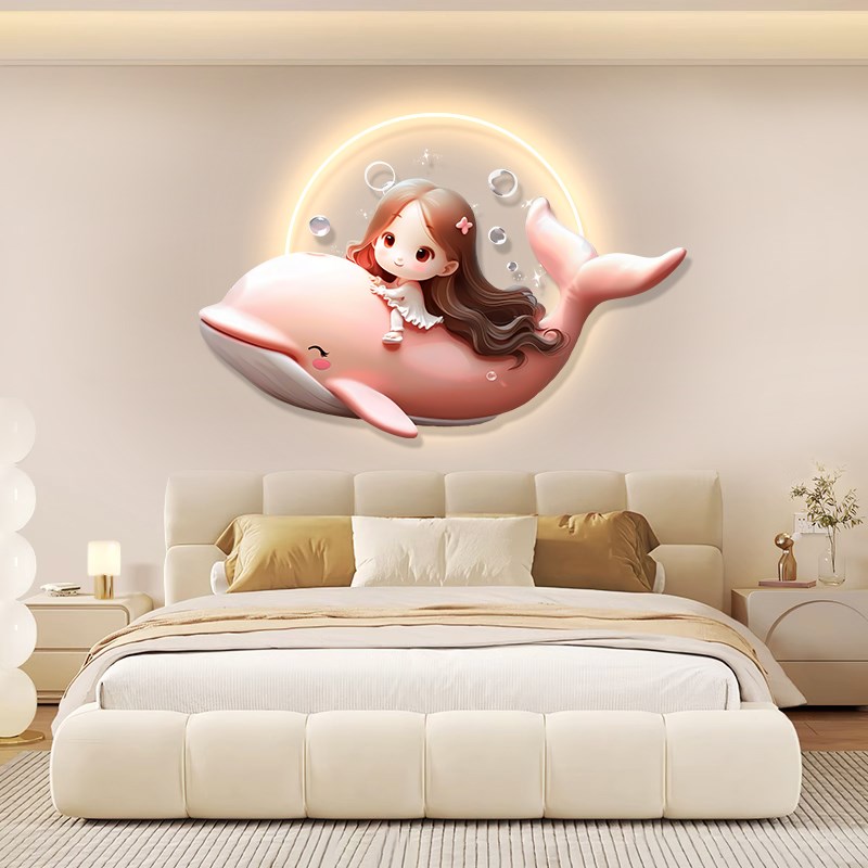 奶油风公主房间装饰画鲸鱼卡通儿童房挂画女孩卧室床头背景墙壁画