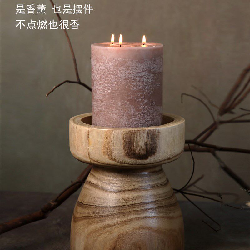 香薰蜡烛超大号摆件室内装饰家居欧式百搭烛台木托高端白色木质香