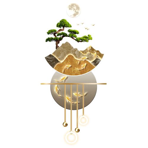迎客松立体玄关装饰画过道走廊轻奢led发光壁灯画新中式山水挂画
